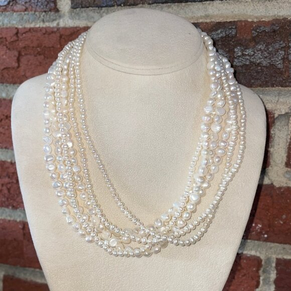 14k Multi Strand Genuine Freshwater Pearl Necklace 16-18" Vintage Showcase Piece - Picture 3 of 11